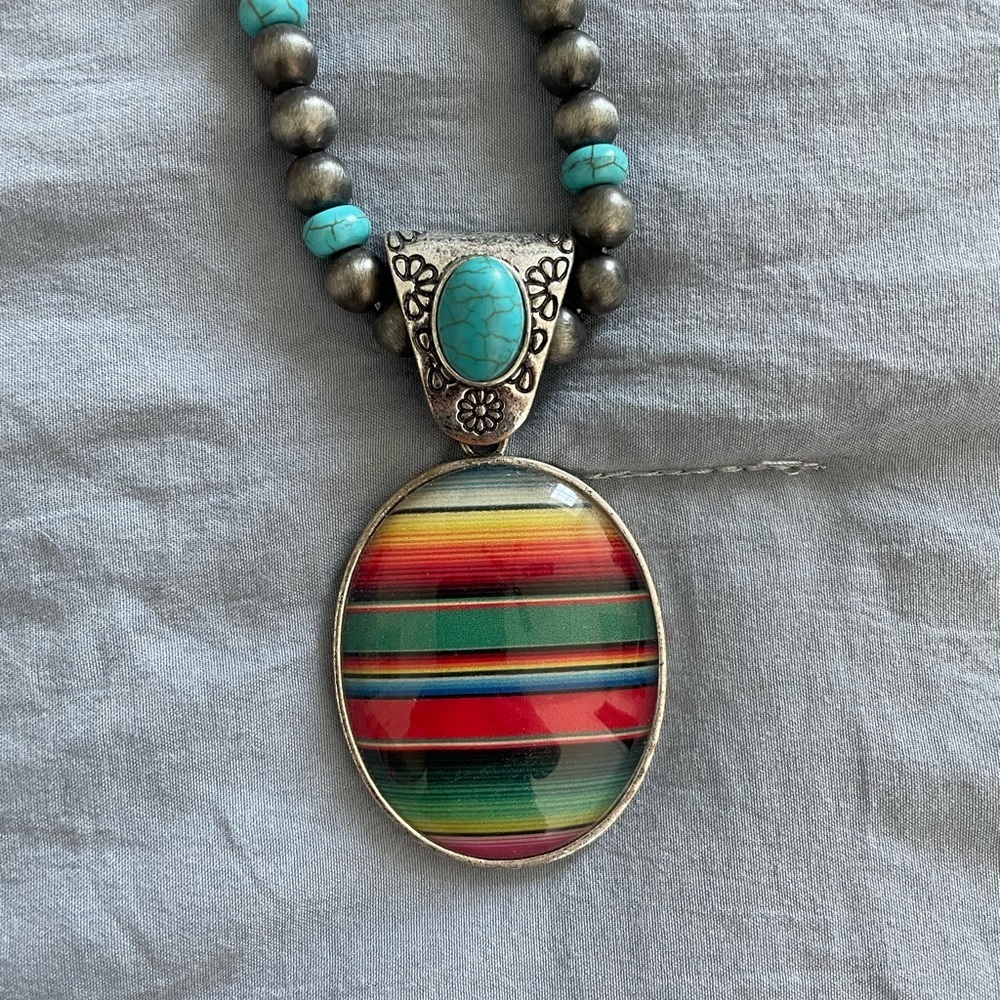 Southwestern Serape Pendant Costume Turquoise Silver Boho Statement Necklace